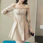 Off-shoulder Long-sleeve Half-zip Mini A-line Dress