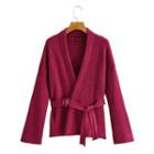 Plain V-neck Knit Jacket Wine Red - One Size