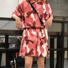 Set: Printed Elbow-sleeve Shirt + Shorts Red - One Size