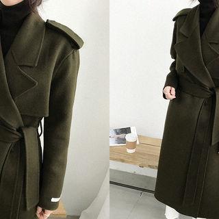 Epaulet Open-front Wool Blend Trench Coat