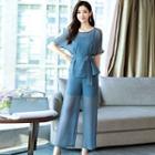 Set: See-through Elbow-sleeve Blouse + Camisole + Wide-leg Pants