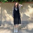 Long-sleeve Plaid Midi Dress / Sleeveless Knit Midi Dress