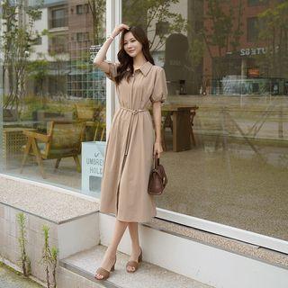 Puff-sleeve Pintuck Long Dress With Belt
