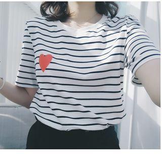 Heart Print Striped T-shirt / Mini A-line Skirt