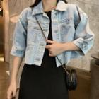 3/4-sleeve Buttoned Cropped Denim Jacket