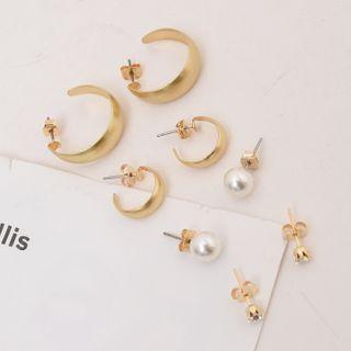 Hoop / Faux-pearl / Rhinestone Earrings Set (8 Pcs)