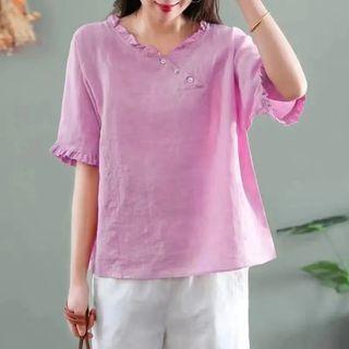 Short-sleeve Ruffled Asymmetrical Tunic Shirt