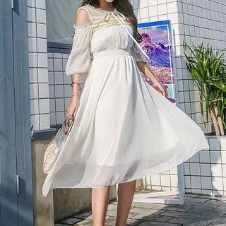 Elbow-sleeve Cold-shoulder A-line Chiffon Dress
