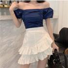 Short-sleeve Off-shoulder Ruffled Top / High-waist Asymmetric Pleated Layered Skirt