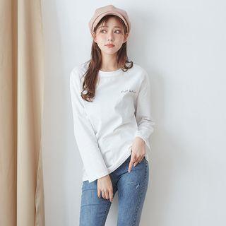 Long-sleeve Lettering T-shirt 01 - White - One Size