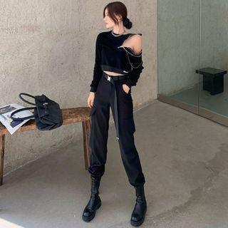 Chain-accent Zipper Crop Top / High-waist Cargo Harem Pants