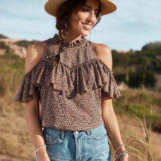Short-sleeve Cold-shoulder Leopard Print Top