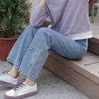 Beaded Heart Slit Straight Leg Jeans