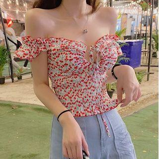 Off-shoulder Cherry Print Smocked Blouse As Shown In Figure - One Size