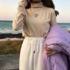 Turtleneck Heart Embroidered Long-sleeve Top
