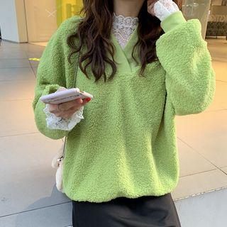 Mock-turtleneck Long-sleeve Lace Top / Fleece Pullover