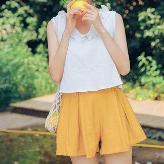 V-neck Ruffle Trim Tank Top / High Waist Shorts