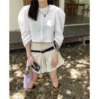 Puff-sleeve Plain Cropped Blouse / High-waist Mini Skirt
