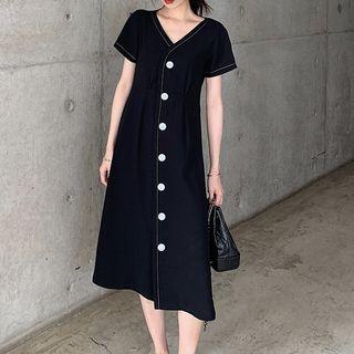 Contrast Stitching Single-breasted Short-sleeve Midi A-line Dress