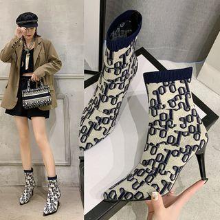 Lettering High-heel Short Knit Boots