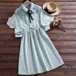Long-sleeve Flower Print Drawstring A-line Dress