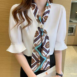 Short-sleeve Mock-tie Faux Pearl Chiffon Blouse