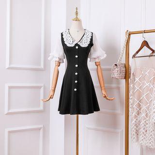 Elbow-sleeve Lace Collar A-line Mini Dress