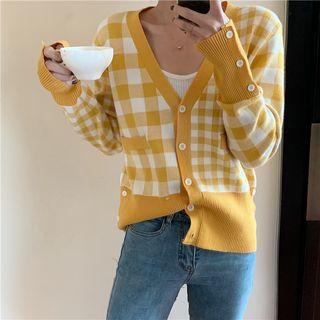 Gingham Panel V-neck Knit Cardigan