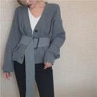 V-neck Cardigan With Belt Gray - One Size