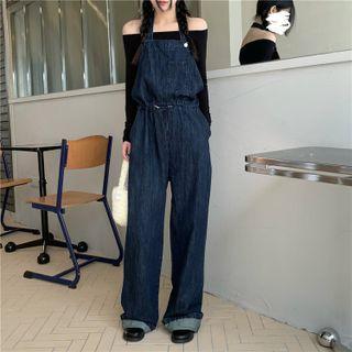 Drawstring-waist Wide Leg Denim Dungarees Blue - One Size