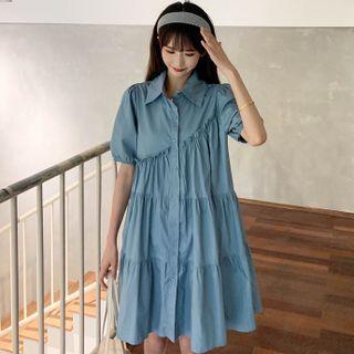 Puff-sleeve Plain Ruched Mini Shirtdress