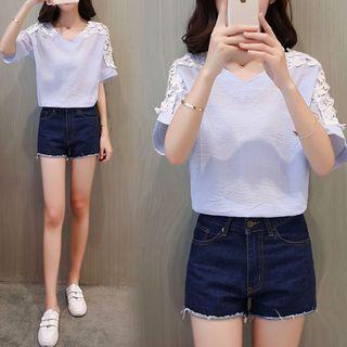 Elbow-sleeve Lace Panel Pinstripe Top