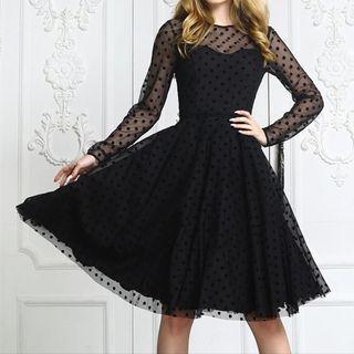 Long-sleeve Doted A-line Dress