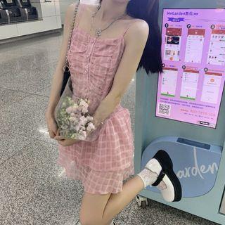 Spaghetti Strap Plaid Mini A-line Dress Pink - One Size
