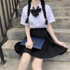 Short-sleeve Pocket Detail Shirt / Bow Tie / Mini Pleated Skirt / Set