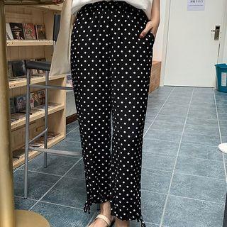 Drawstring-cuff Dotted Cropped Harem Pants Black - One Size