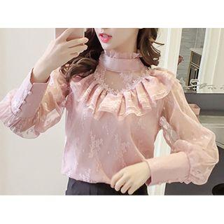 Mock-turtleneck Ruffled Lace Blouse