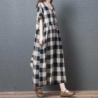 Elbow-sleeve Checker Midi Tunic Dress