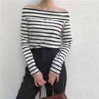 Striped Off Shoulder Long Sleeve T-shirt / High Waist Tapered Pants
