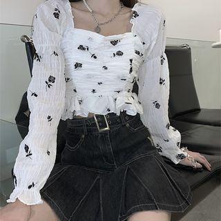 Long-sleeve Floral Top Black Floral - White - One Size