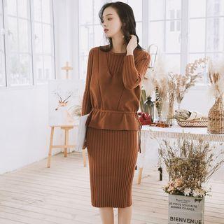 Set: Sheath Midi Knit Dress + Knit Vest Brown - One Size