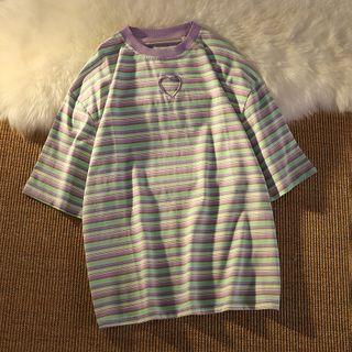 Short-sleeve Heart Cutout Striped T-shirt