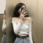 Long-sleeve Ruffle Trim Off-shoulder Crop Top