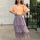 Elbow-sleeve Diagonal Neckline Top / Floral Print Tiered Maxi Skirt