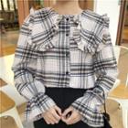 Frilled Trim Collared Plaid Blouse