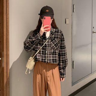 Long-sleeve Polo-neck Plaid Shirt Plaid - One Size