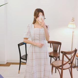Tie-waist Linen Blend Check Dress