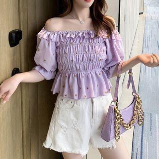 Off-shoulder Daisy Print Ruched Top
