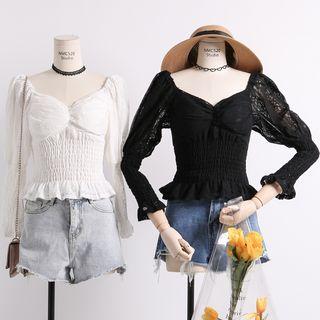 Ruffled-trim V-neck Lace Top