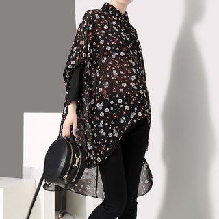 Long-sleeve Chiffon Floral Top Light Blue - One Size